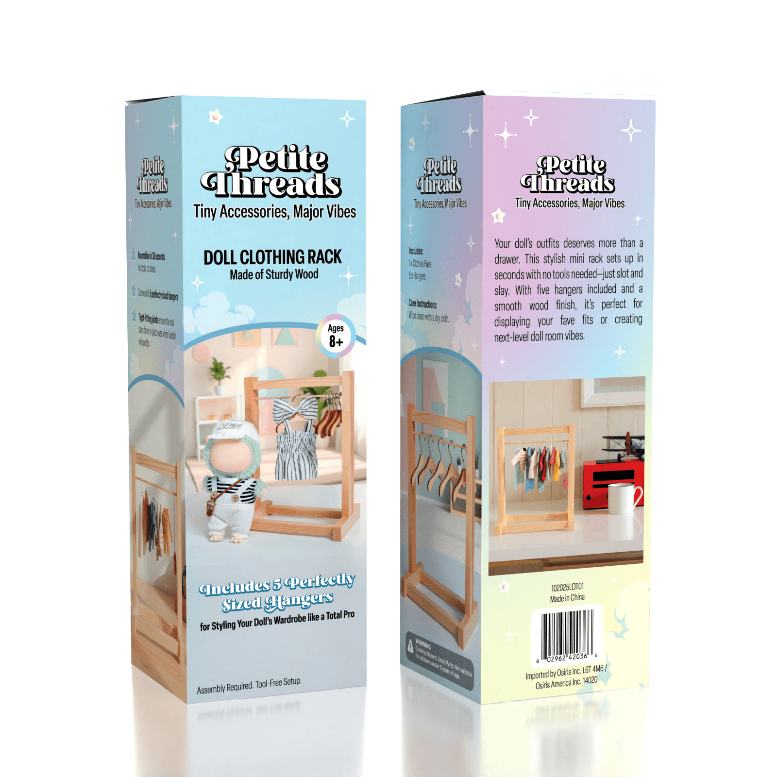 Wooden Clothing Rack For Dolls (Includes 5 Hangers) - Petite Threads Simple Exclusive