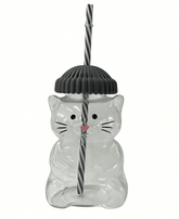 Cat Shaped 20oz Glass Tumbler w/ Grey Hat Top & Matching Straw (1pc) Simple Exclusive