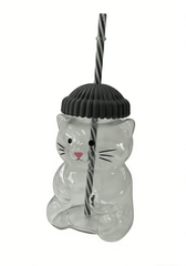 Cat Shaped 20oz Glass Tumbler w/ Grey Hat Top & Matching Straw (1pc) Simple Exclusive