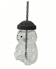 Cat Shaped 20oz Glass Tumbler w/ Grey Hat Top & Matching Straw (1pc) Simple Exclusive