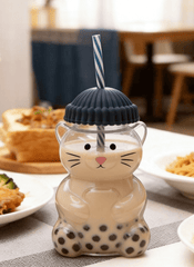 Cat Shaped 20oz Glass Tumbler w/ Grey Hat Top & Matching Straw (1pc) Simple Exclusive