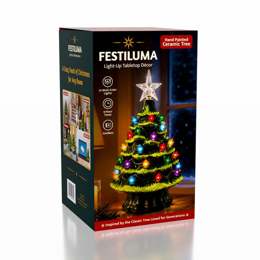 Festiluma Light-Up Tabletop 8" Ceramic Christmas Tree Décor Simple Festiluma