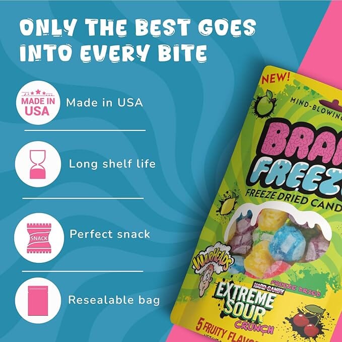 Brain Freeze x Warheads: Extreme Sour Crunch Freeze Dried Candy (3.2oz) Mixed Fruit Flavor Simple Warheads