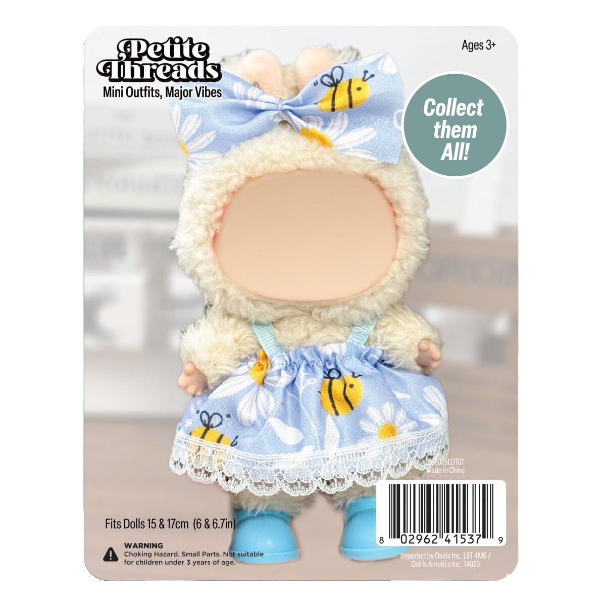 Outfit: Blue Bee Print Dress & Bow for Dolls - Petite Threads Simple Exclusive