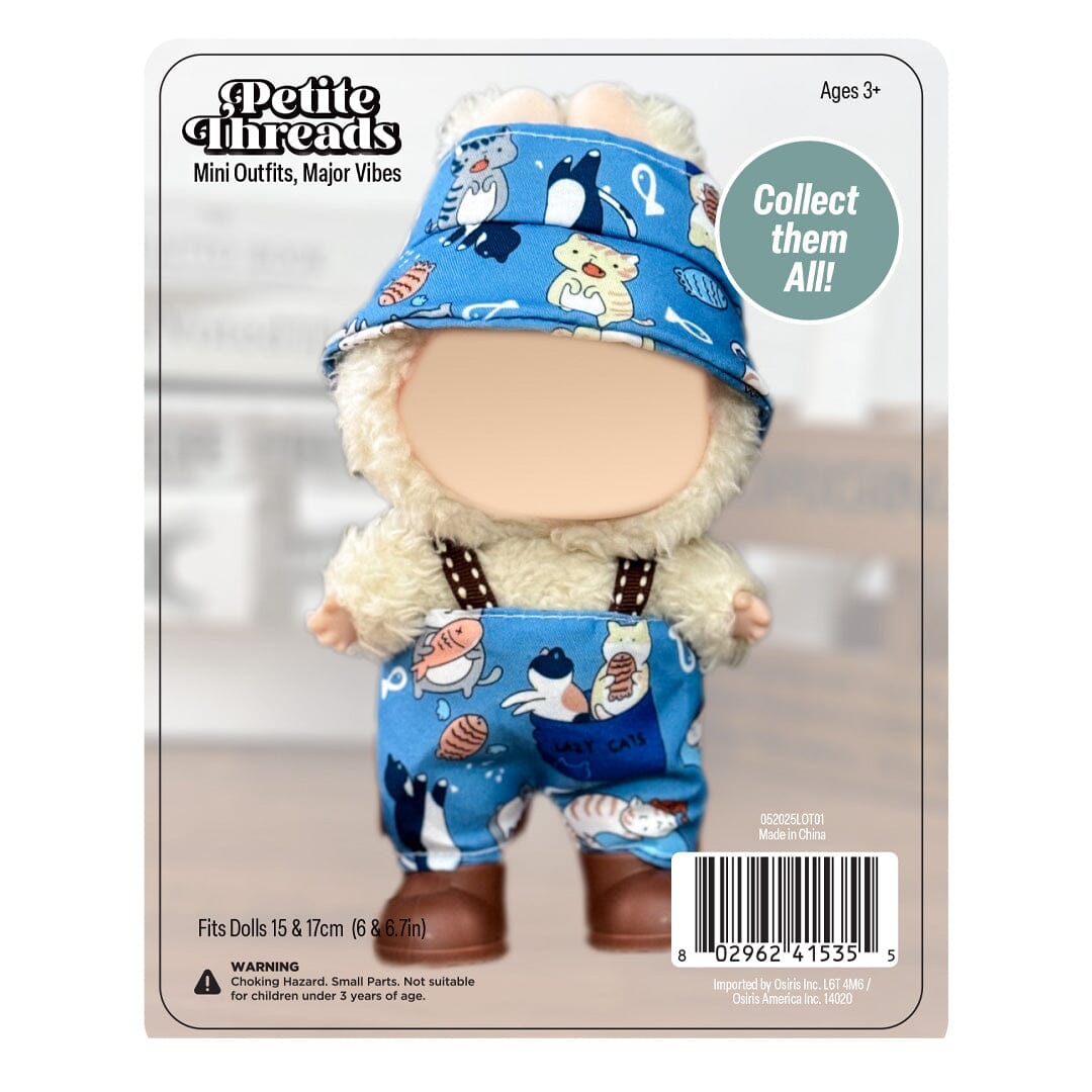 Outfit: Blue Cat Print Overalls & Hat for Dolls - Petite Threads Simple Exclusive