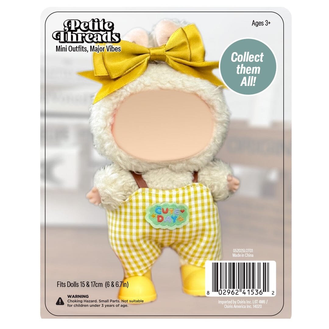 Outfit: Yellow Gingham Print Overalls & Bow for Dolls - Petite Threads Simple Exclusive
