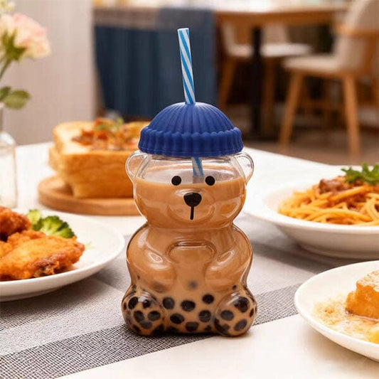 Teddy Bear Shaped 20oz Glass Tumbler w/ Hat Top & Reusable Straw (1pc) Color Ships Assorted Simple Exclusive