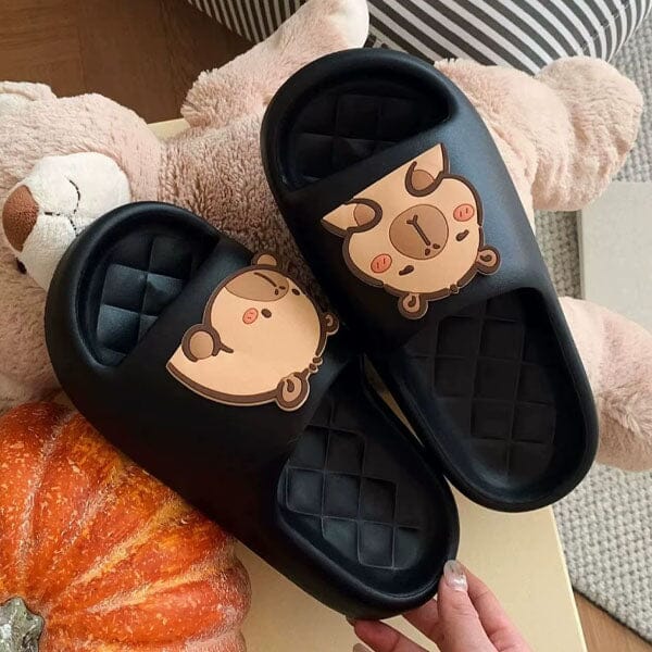 Shhhandals Cartoon Capybara Unisex Anti-Slip Foam Cloud Slides (Multiple Sizes & Colors) Simple Exclusive S (5.5-6 Women / 4-4.5 Men) Black