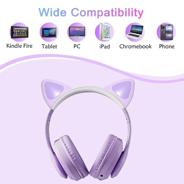 SoundLogicXT TWS Foldable Bluetooth Cute Purple Cat Headphones Compatability Chart Kindle Tablet PC iPad Chromebook Phone