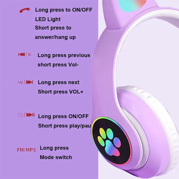 SoundLogicXT TWS Foldable Bluetooth Cute Purple Cat Headphones Features & Instructions