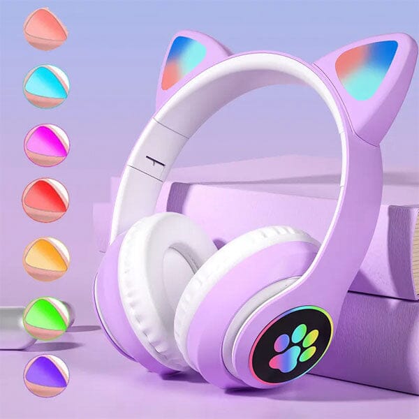 SoundLogicXT TWS Foldable Bluetooth Cute Purple Cat Headphones LED Color Options