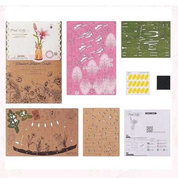Rowood Pink Lily Flower Wooden Bloom Craft DIY Kit (73pc) Simple Rolife