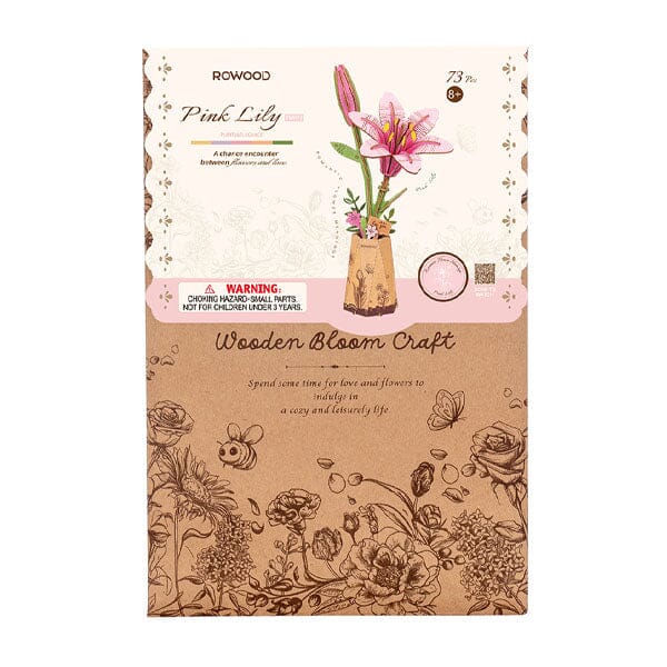 Rowood Pink Lily Flower Wooden Bloom Craft DIY Kit (73pc) Simple Rolife