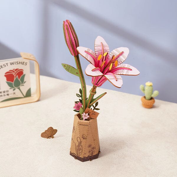 Rowood Pink Lily Flower Wooden Bloom Craft DIY Kit (73pc) Simple Rolife