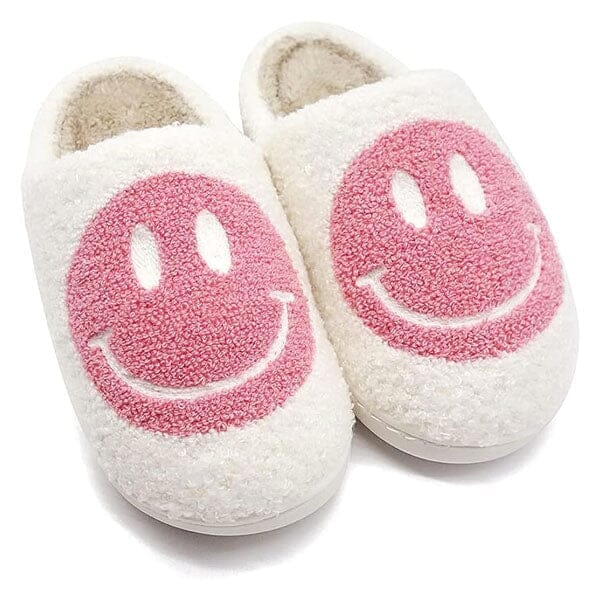 Smiley Face Plush Slippers for Indoors & Outdoors (Multiple Sizes) Simple Exclusive Pink - M (7.5-8.5 Women / 7-8 Men)