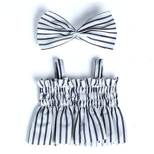 Outfit: Black & White Pin Striped Sun Dress w/ Matching Hair Bow for Dolls - Petite Threads Simple Exclusive
