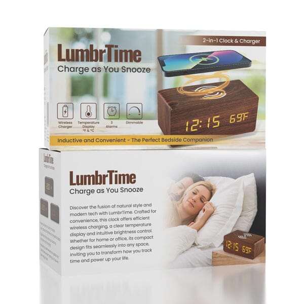 LumbrTime Wood Finish LED Clock With Wireless Induction Phone Charger