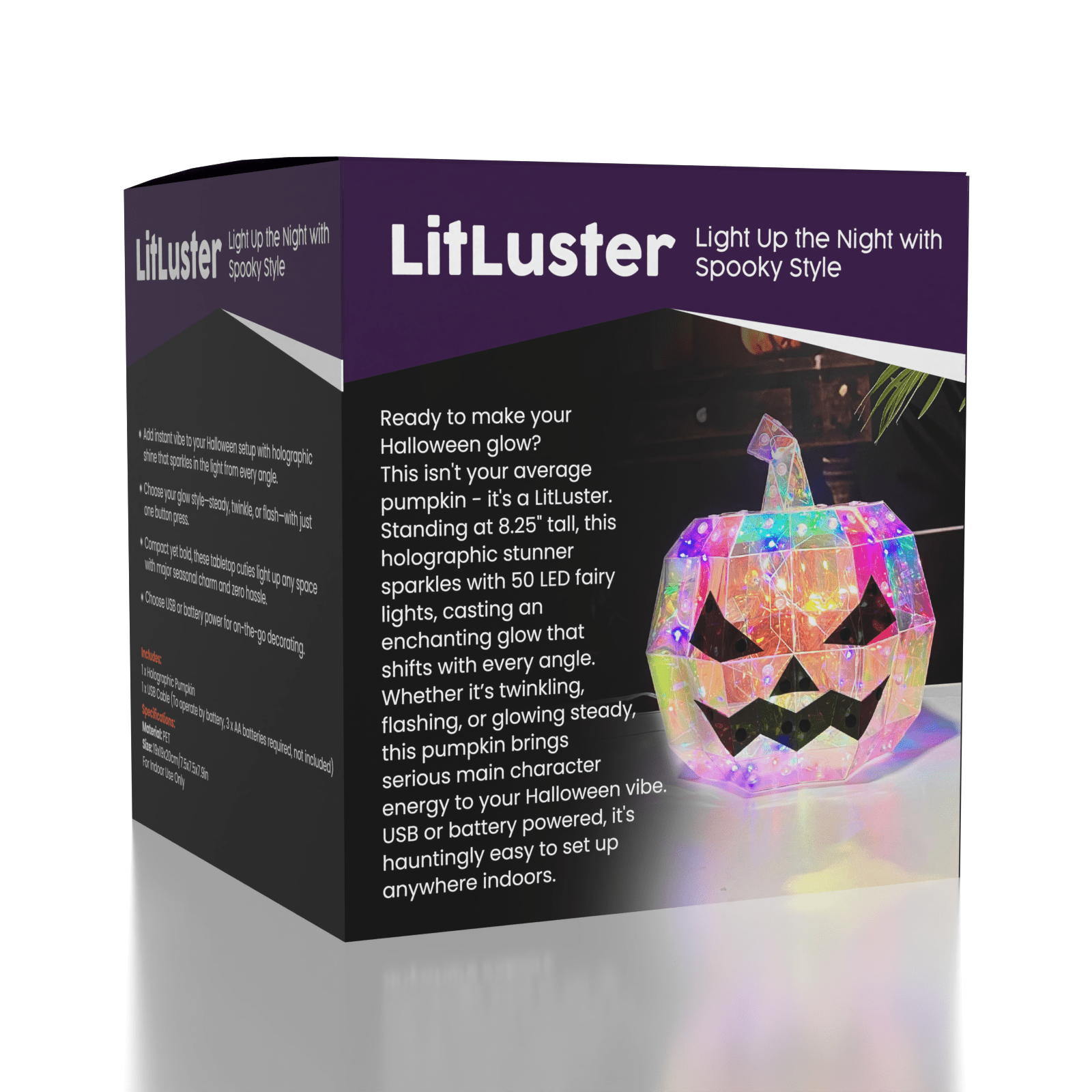 LitLuster LED Holographic Halloween Pumpkin Decor Lamp (1pc) Battery or USB Simple Exclusive 