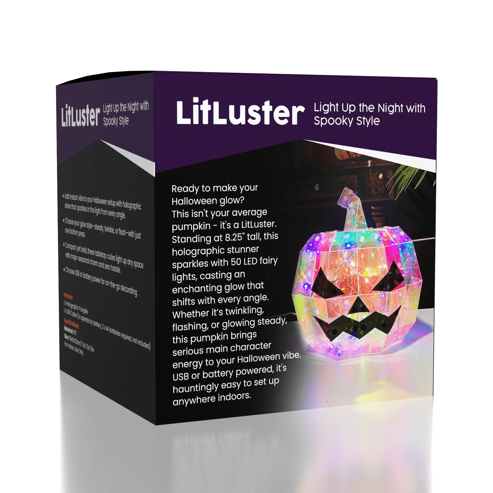 LitLuster LED Holographic Halloween Pumpkin Decor Lamp (1pc) Battery or USB Simple Exclusive 