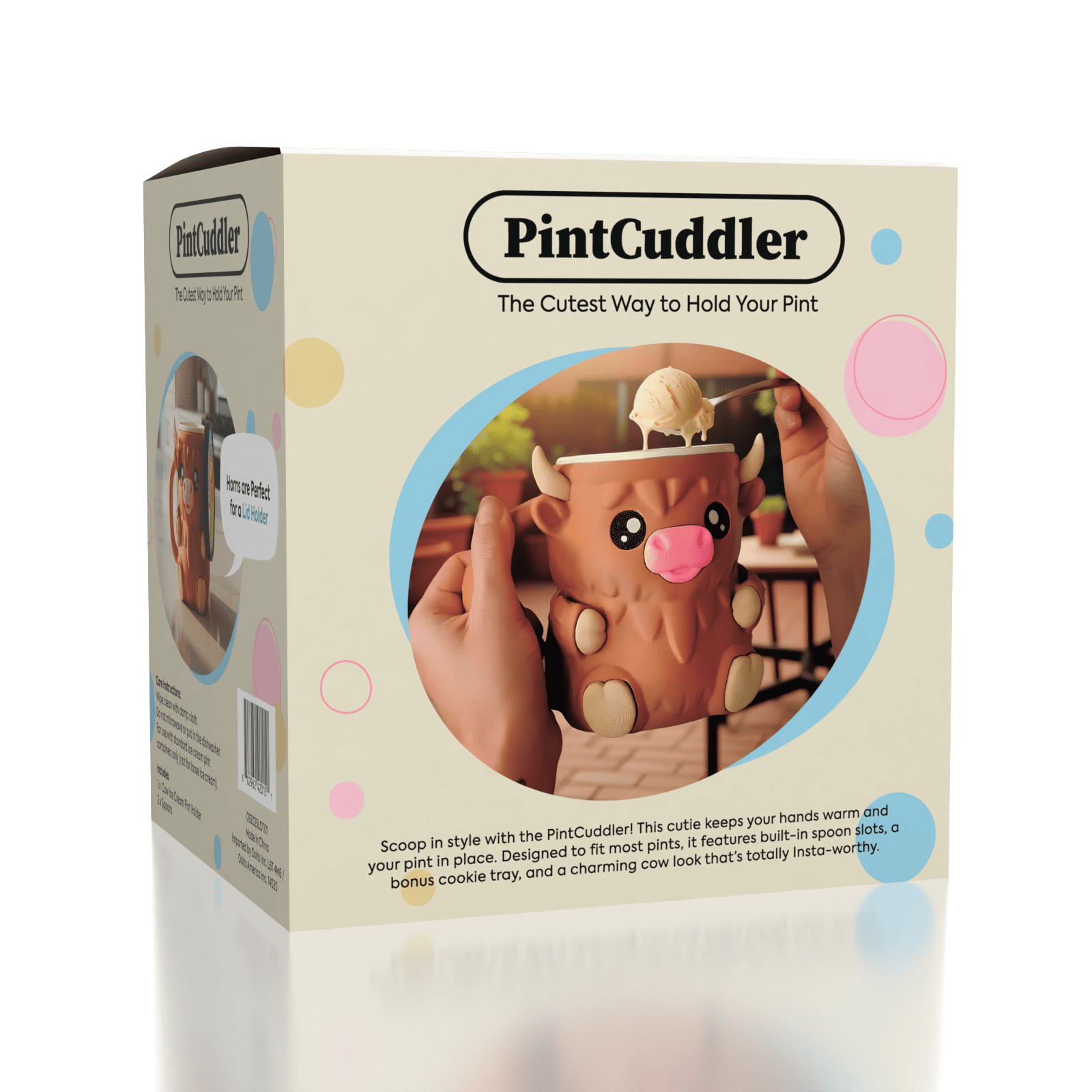 PintCuddler Cartoon Cow Ice Cream Pint Holder Kit (Includes 2 Spoons & Cookie Tray) Simple Exclusive 