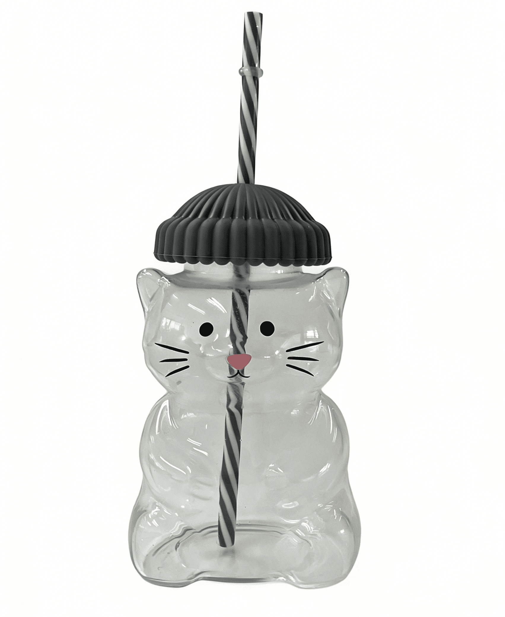 Cat Shaped 20oz Glass Tumbler w/ Grey Hat Top & Matching Straw (1pc) Simple Exclusive 