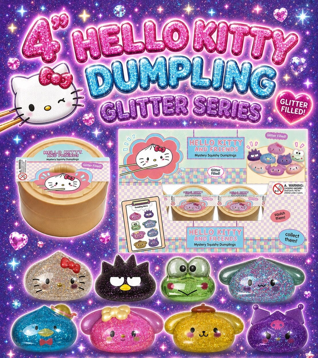 Hello Kitty And Friends Mystery Squishy Dumpling Glitter Collection Fidget Toy (1pc) Ships Assorted Simple Hello Kitty 