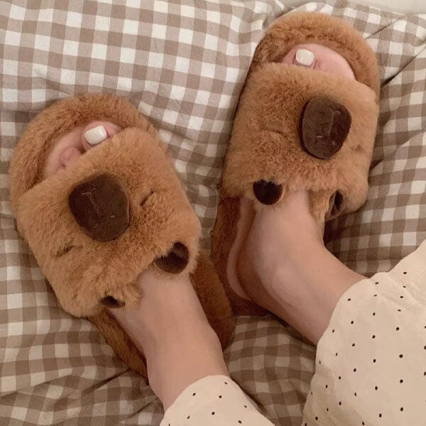 Fluffy Capybara Slippers Unisex Open-Toe Plush Slides (Multiple Sizes) Simple Exclusive 