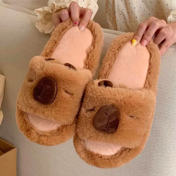 Fluffy Capybara Slippers Unisex Open-Toe Plush Slides (Multiple Sizes) Simple Exclusive 