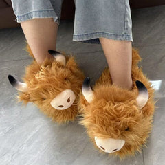 Fluffy Highland Cow Slippers Unisex Plush Rubber Sole Shoe (1 Pair) One-Size-Fits-Most Simple Exclusive 
