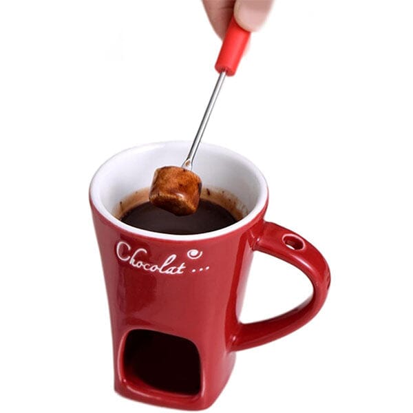 Fonduie Ceramic Mug For Chocolate & Cheese Fondue (Includes Fork & 3 Candles) Simple Exclusive 