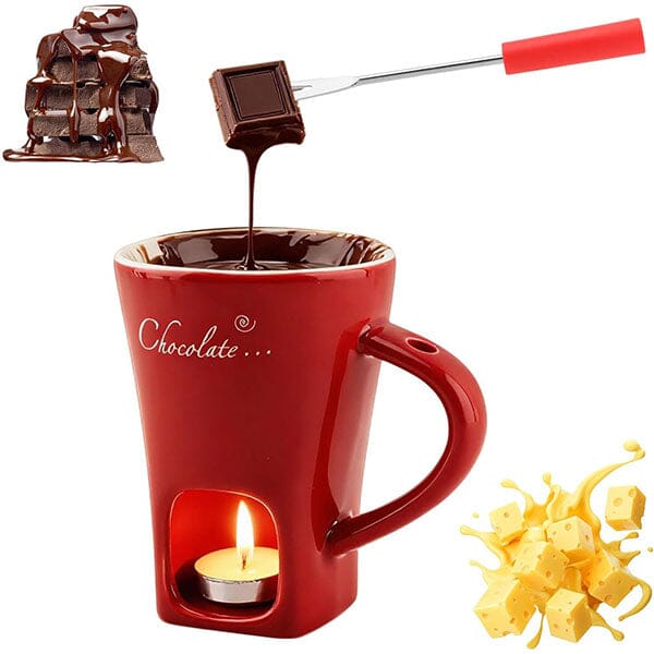 Fonduie Ceramic Mug For Chocolate & Cheese Fondue (Includes Fork & 3 Candles) Simple Exclusive 