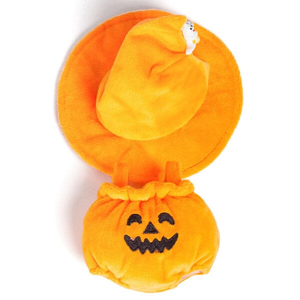 Outfit: Plush Halloween Pumpkin Costume & Matching Witch's Hat for Dolls - Petite Threads Simple Exclusive 