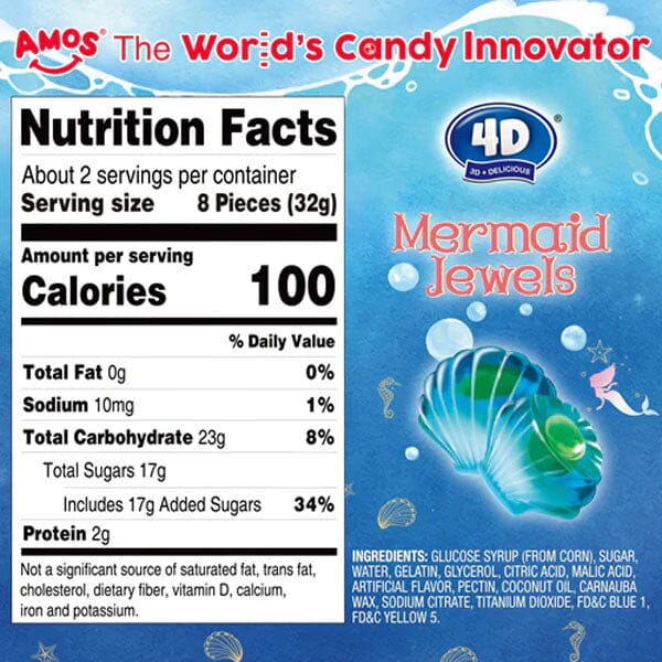 Amos 4D Gummy Mermaid Jewels (6oz) Liquid Filled Centers! Simple Amos Sweets 