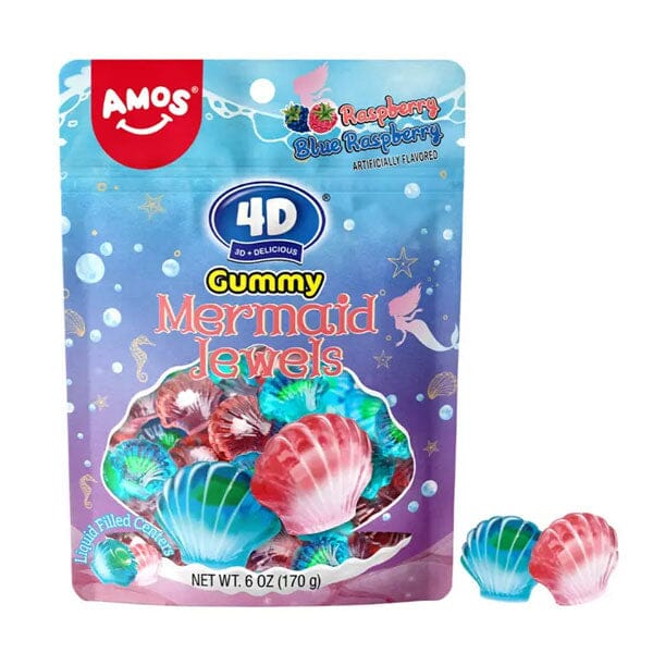 Amos 4D Gummy Mermaid Jewels (6oz) Liquid Filled Centers! Simple Amos Sweets 
