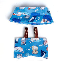 Outfit: Blue Cat Print Overalls & Hat for Dolls - Petite Threads Simple Exclusive 