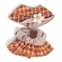 Outfit: Brown Plaid Skirt & Matching Hat w/ Grey Waffle Shirt for Dolls - Petite Threads Simple Exclusive 