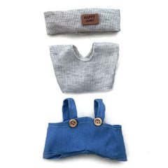 Outfit: Blue Denim Overalls & Knit Grey Top w/ Matching Headband for Dolls - Petite Threads Simple Exclusive 