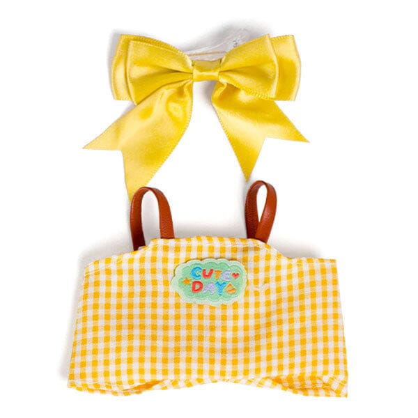 Outfit: Yellow Gingham Print Overalls & Bow for Dolls - Petite Threads Simple Exclusive 