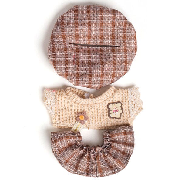 Outfit: Brown Tartan Skirt & Matching Bonnet w/ Knit Lace Top for Dolls - Petite Threads Simple Exclusive 