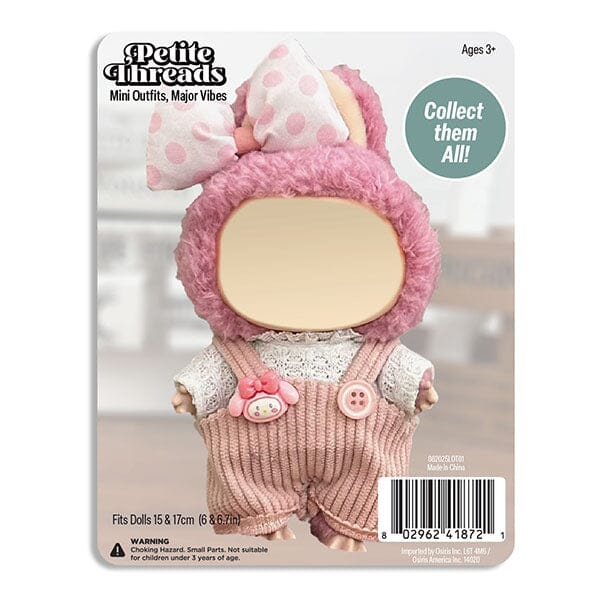 Outfit: Pink Corduroy Overalls & Lace Top w/ Matching Hair Bow for Dolls - Petite Threads Simple Exclusive 