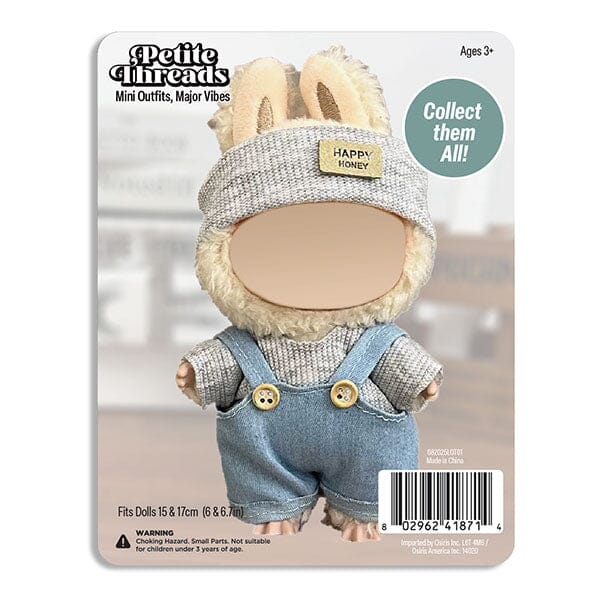 Outfit: Blue Denim Overalls & Knit Grey Top w/ Matching Headband for Dolls - Petite Threads Simple Exclusive 