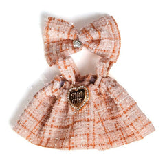 Outfit: Tan Plaid Dress & Matching Hair Bow for Dolls - Petite Threads Simple Exclusive 