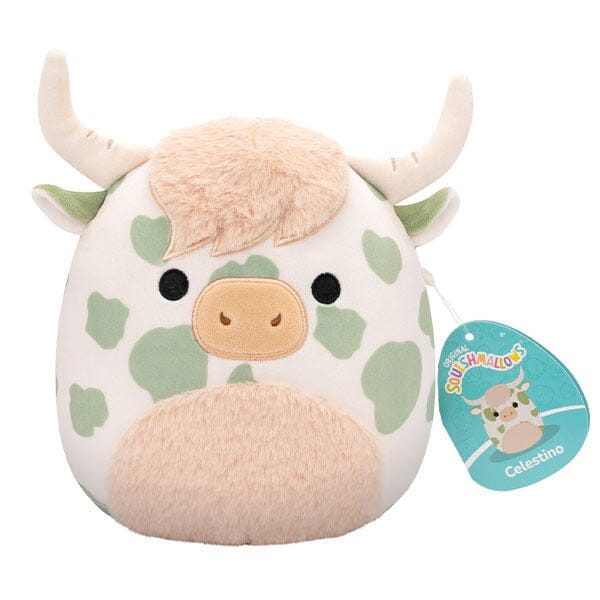 Squishmallows Super Soft Plush Toys 7.5" Celestino The Green Spotted Highland Cow Preorder magazineracksdirect 