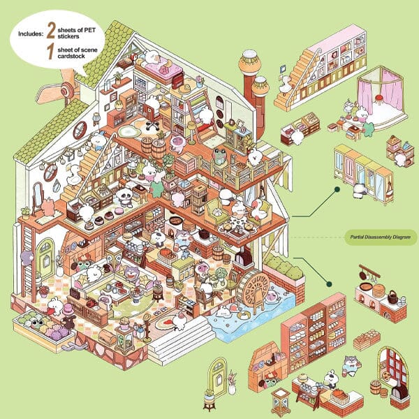 Studio Art Moodioma Kawaii Sticker Story Scene Kit (2 Sticker Sheets + Background Card) Multiple Styles Simple Studio Art Flying Castle (313 Stickers) 