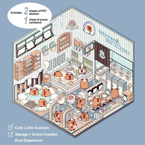 Studio Art Moodioma Kawaii Sticker Story Scene Kit (2 Sticker Sheets + Background Card) Multiple Styles Simple Studio Art Capybara Hot Springs (140 Stickers) 