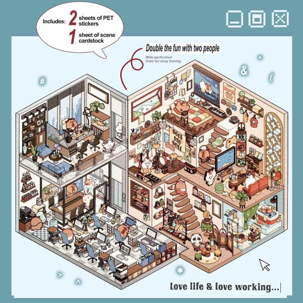 Studio Art Moodioma Kawaii Sticker Story Scene Kit (2 Sticker Sheets + Background Card) Multiple Styles Simple Studio Art Working Office (340 Stickers) 