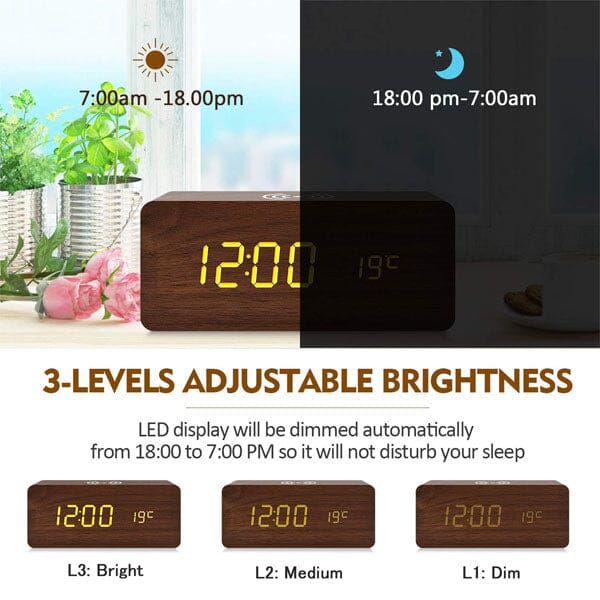 LumbrTime Wood Finish LED Clock With Wireless Induction Phone Charger