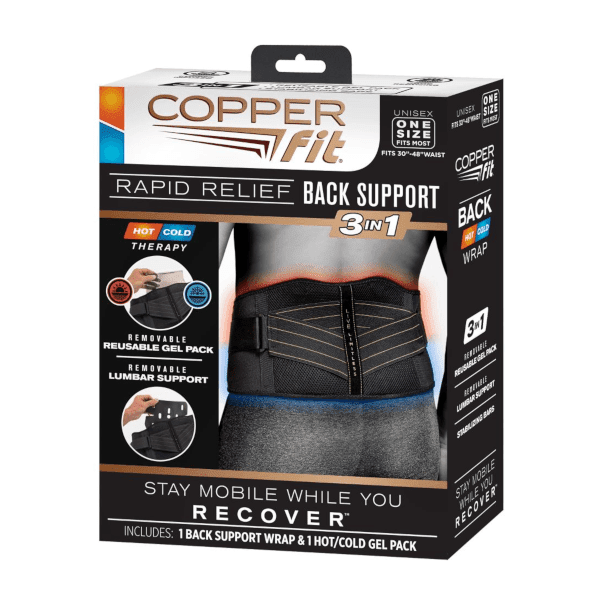 Copper Fit unisex adult Rapid Relief Knee Wrap with Hold/Cold Therapy  Abdominal Support, Black, Adjustable